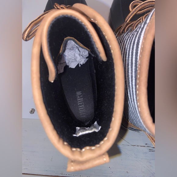 MARLEYLILLY~Navy/white/tan ticking fabric duck boots~Women’s size 10~EUC - Picture 3 of 7